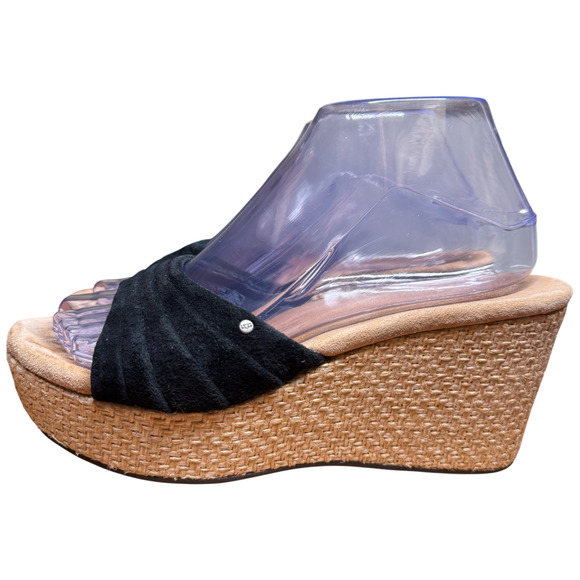 UGG Alvina Women's 7 Black Leather Suede Beige Wedge Heel Slip On Sandal Comfort - Picture 4 of 13